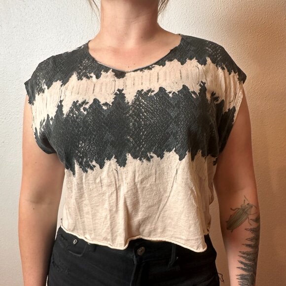 All Saints Crop Top Pink Black Snake Print Boxy Loose Muscle Tank Raw Hem Smal - Picture 1 of 7